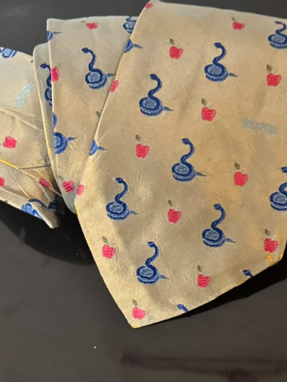 Moschino Cobra Collectors Item Necktie Silk Jacquard Khaki Shimmer Apple Snake